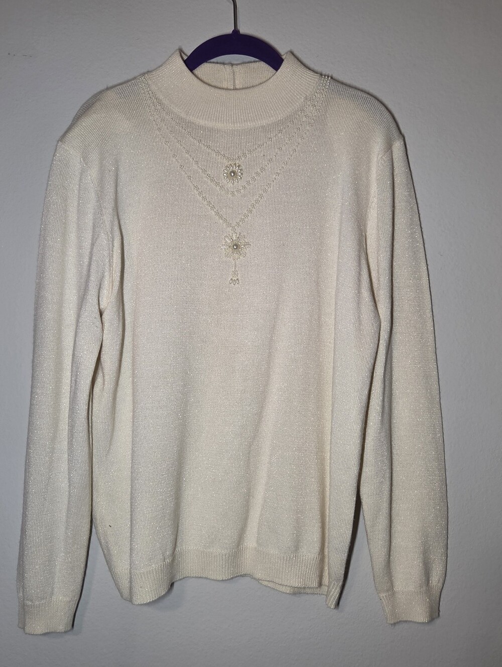 Alfred Dunner Cream Sparkle Mock-Neck Sweater with Embellished Detail